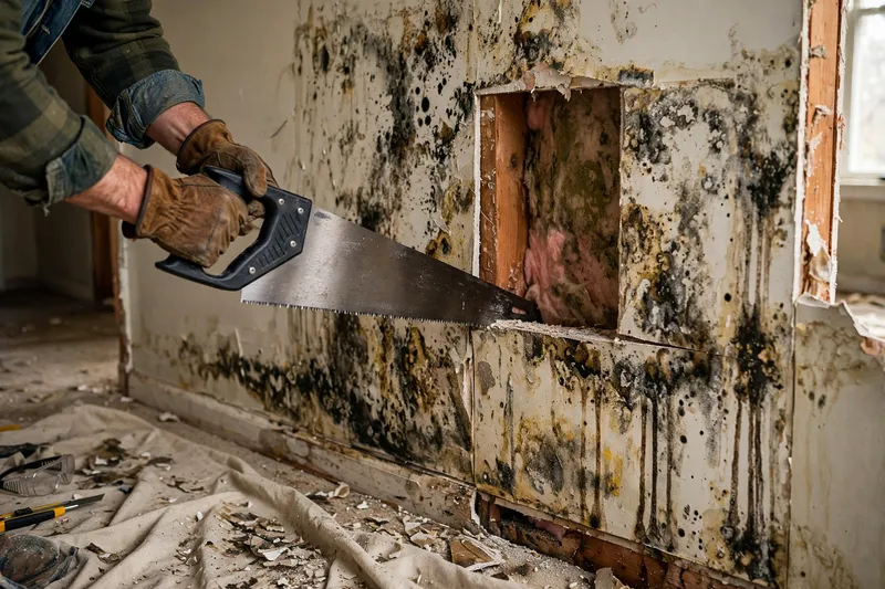 Worker cutting out a water-damaged drywall section