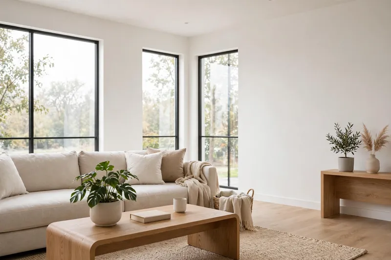 Bright living room with smooth freshly finished painted drywall walls