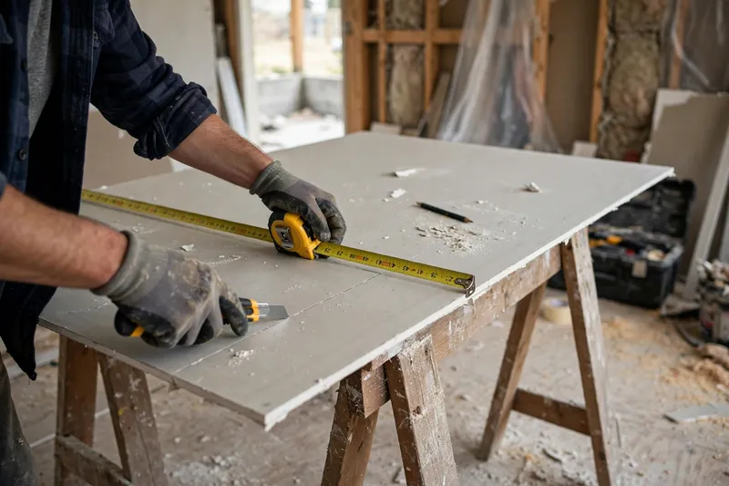 Worker measuring and scoring a drywall sheet